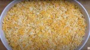 Close-up of shredded cheese blend in a white baking dish, ready for melting or cooking.